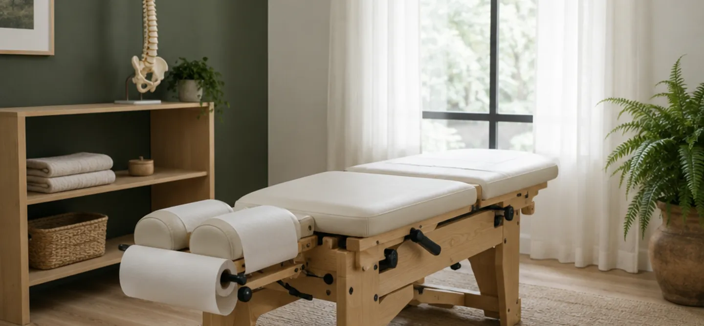 A quiet treatment room at Kinnear Chiropractic with an oak table and a spine model on the shelf