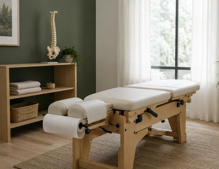 A quiet treatment room at Kinnear Chiropractic with an oak table and a spine model on the shelf