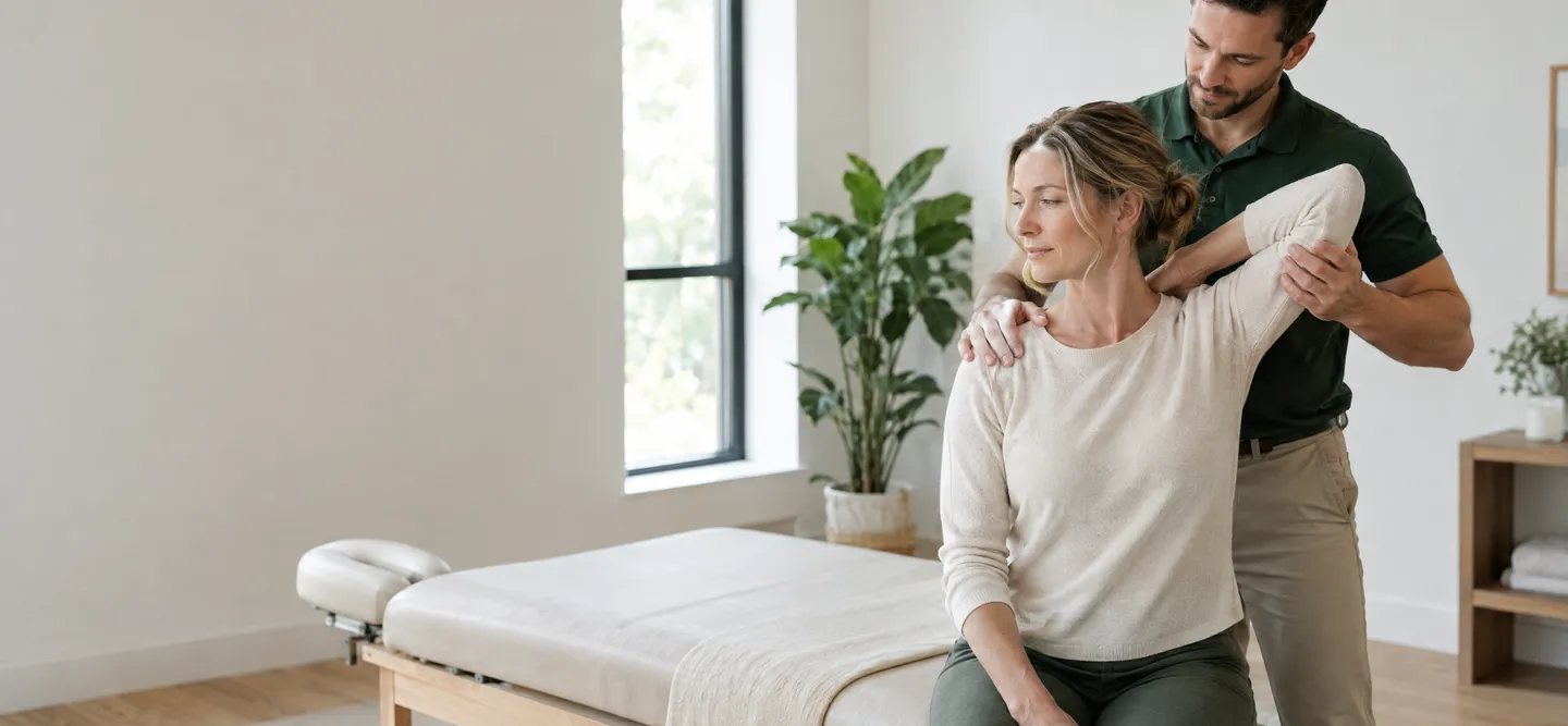 A chiropractor guiding a seated patient through a shoulder and neck stretch