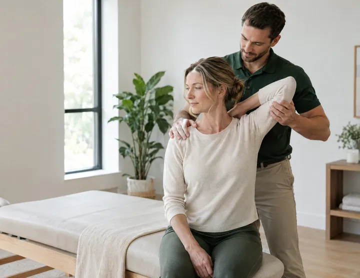 A chiropractor guiding a seated patient through a shoulder and neck stretch