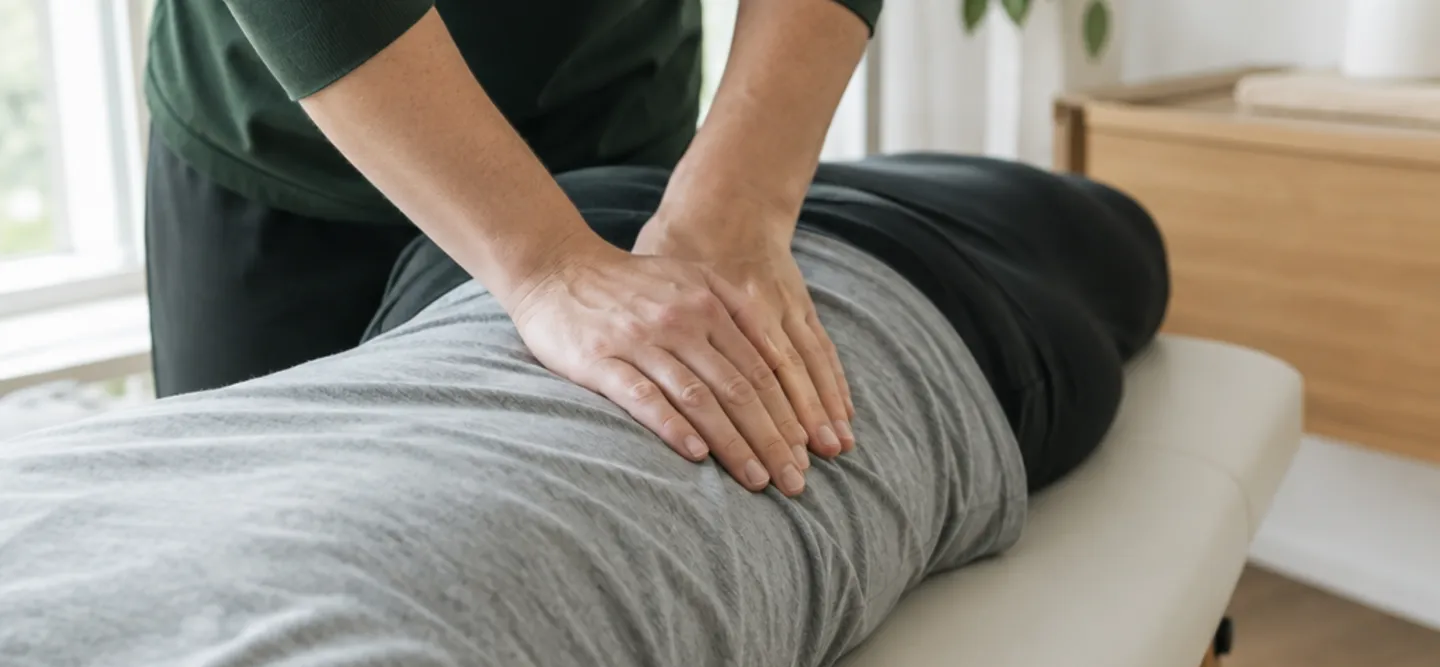 A chiropractor's hands resting on a patient's lower back during treatment