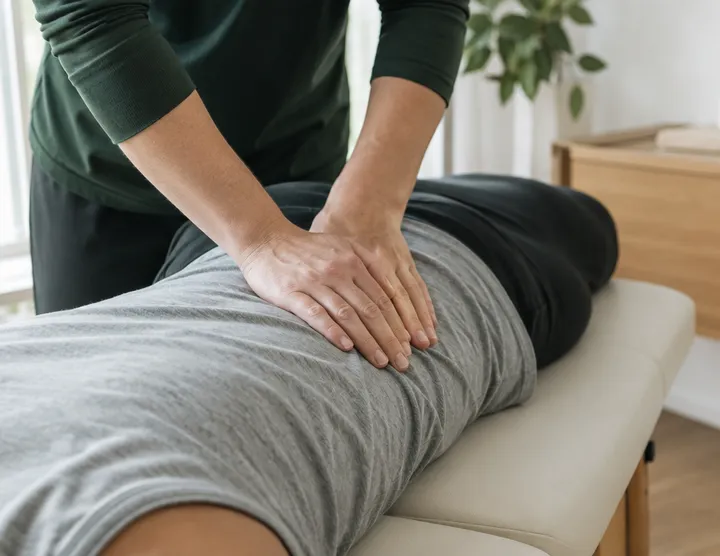 A chiropractor's hands resting on a patient's lower back during treatment