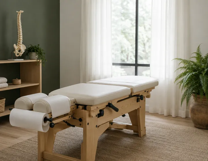 A treatment table by a tall window in a calm room at Kinnear Chiropractic