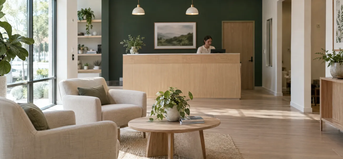 The reception at Kinnear Chiropractic, with oak desk and linen armchairs