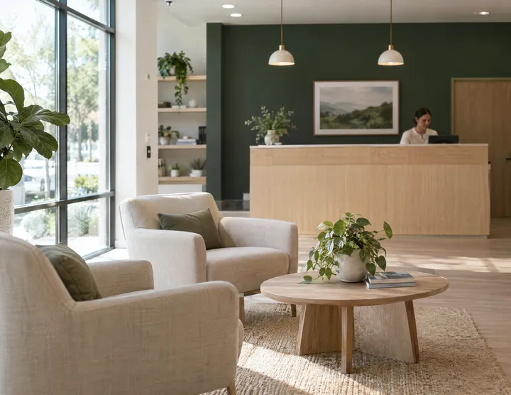 The reception at Kinnear Chiropractic, with oak desk and linen armchairs
