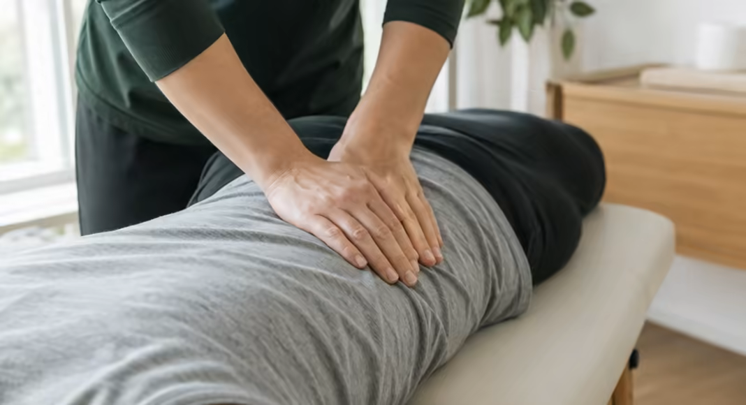 A chiropractor's hands resting on a patient's lower back during treatment